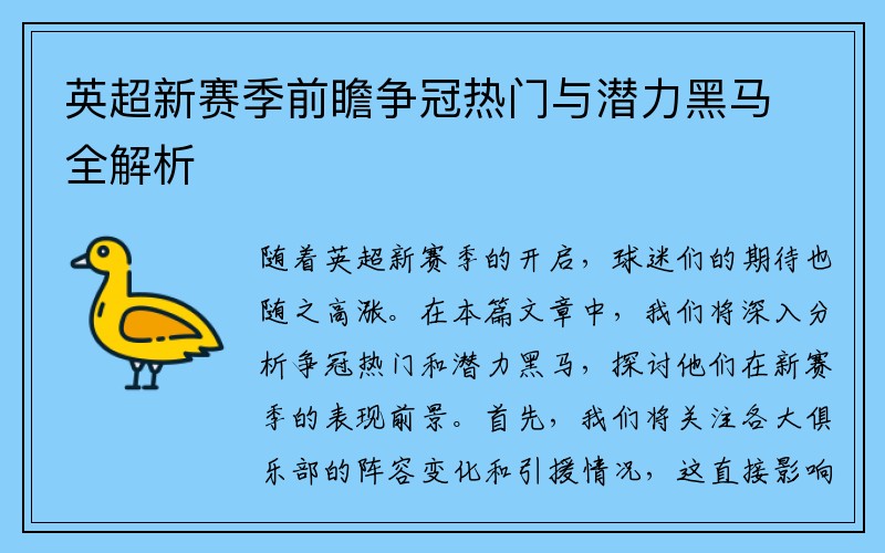 英超新赛季前瞻争冠热门与潜力黑马全解析